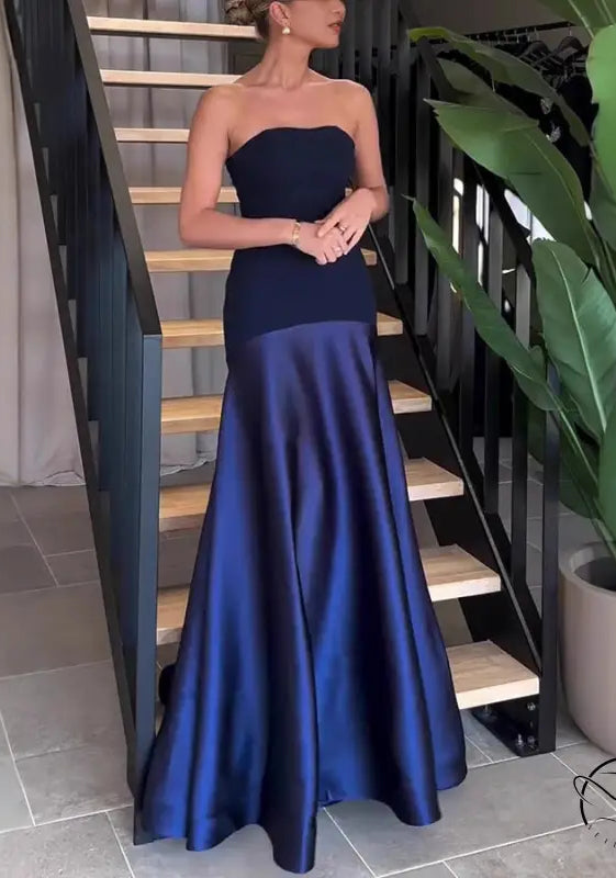 Elegant strapless navy satin dress in Langry fashion