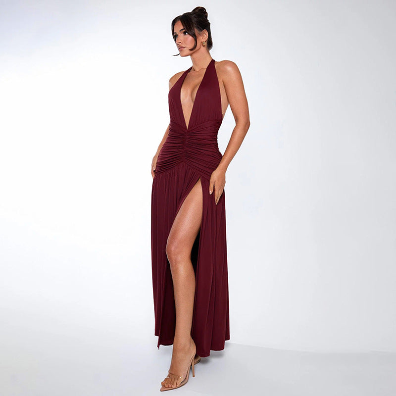 Burgundy Halter Maxi Dress from Elegant Halter Slit Pleated Backless Dress collection