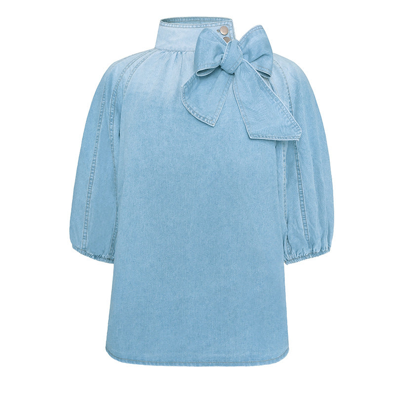 Light blue denim blouse with bow from Casual Top Denim, stylish Langry fashion ملابس