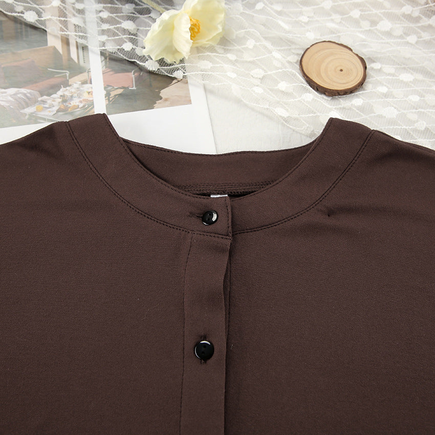 Brown collared blouse with black buttons, ideal for long sleeve pants and stylish sleeve pants ensembles