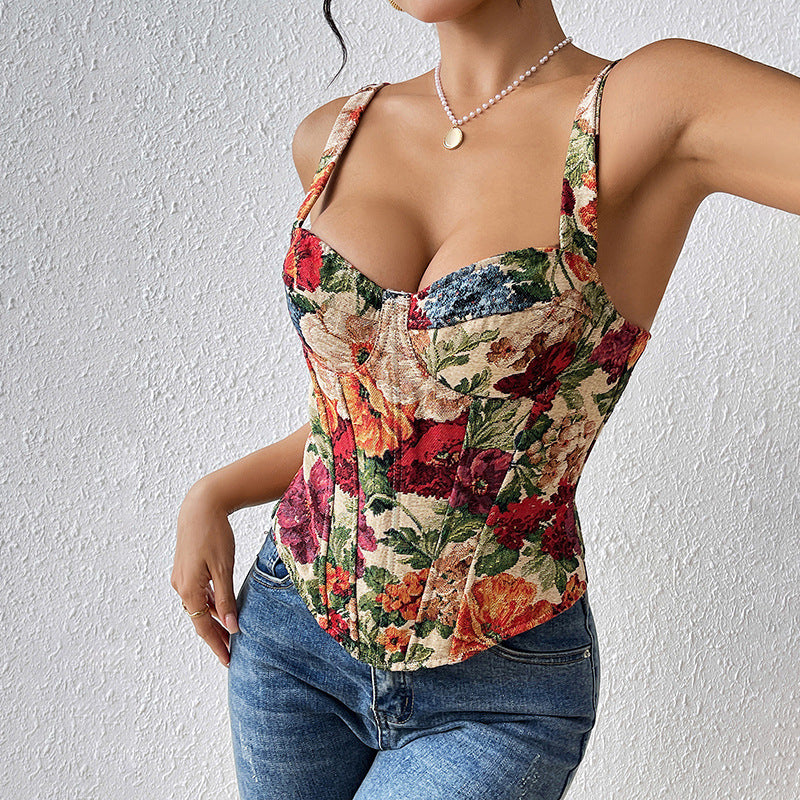 Retro floral camisole French vest with floral print, thin straps, and sweetheart neckline