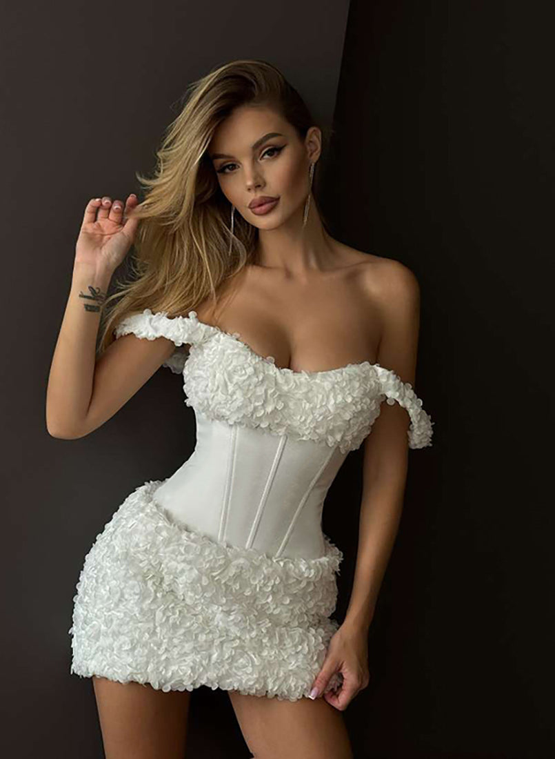 White floral lace mini dress in Langry fashion, slim fit high waist