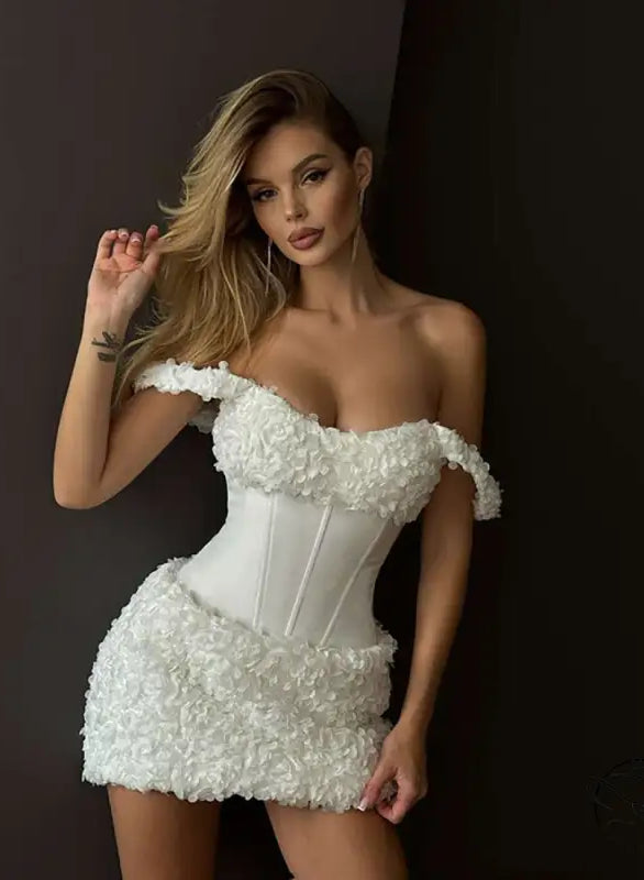 White floral lace mini dress with corset waistband in Langry fashion