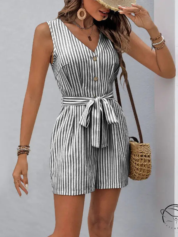 Beautiful summer jumpsuit: sleeveless striped romper with V-neck and waist tie