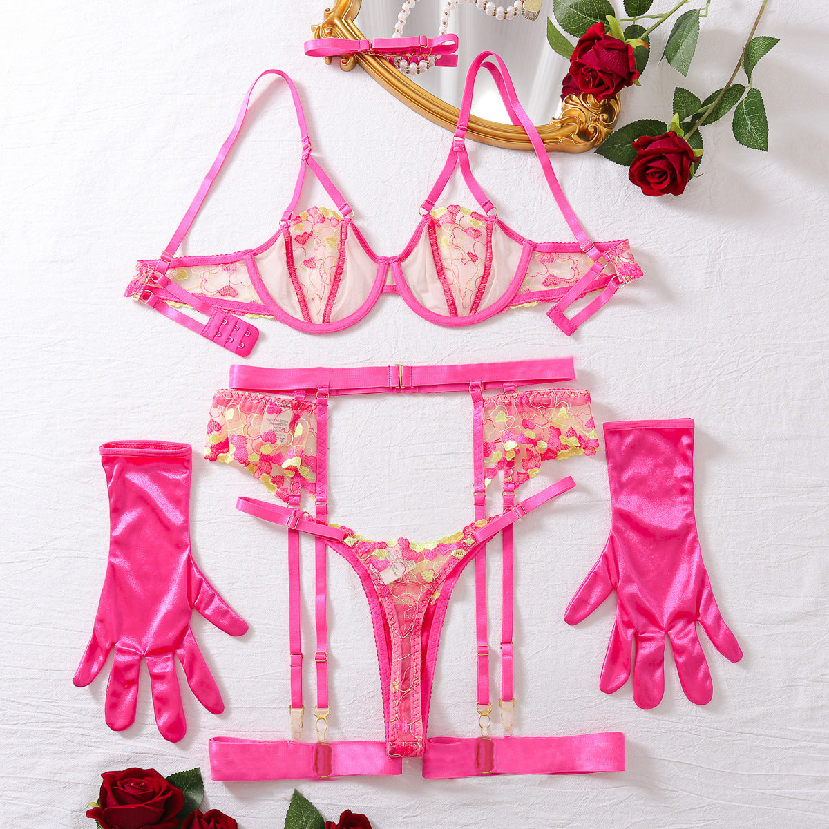 Pink fluorescent embroidery lingerie set with satin gloves and garter belt