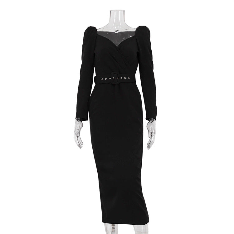 Elegant black long-sleeved dress with sweetheart neckline and belted waist for fashion