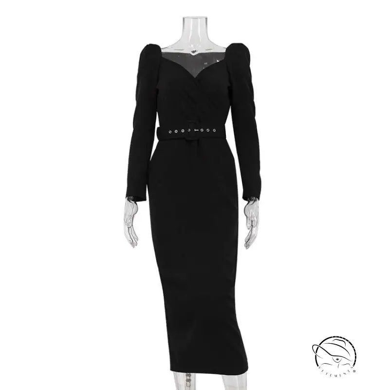 Elegant black langry fashion dress with sweetheart neckline and belt