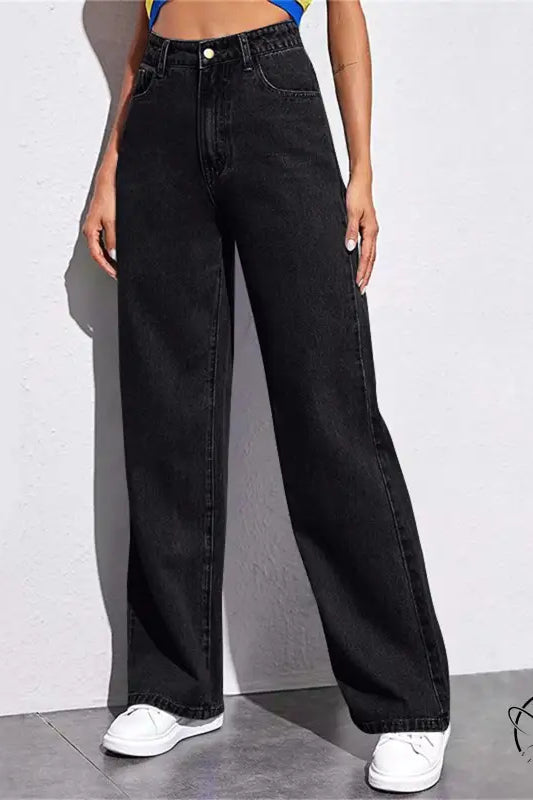 Stunning high waist wide leg black jeans with contrast stitching