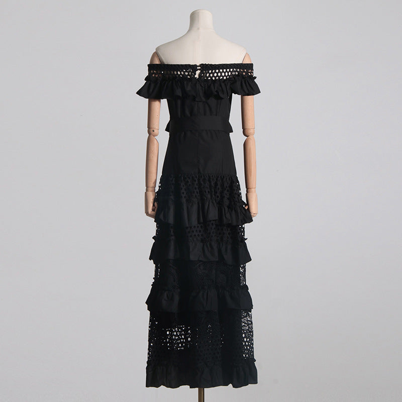 Black off-the-shoulder tiered lace dress showcasing elegant fashion and stylish ملابس