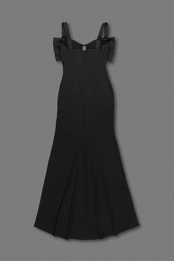 Elegant black maxi dress with cold-shoulder straps and mermaid silhouette in fashion