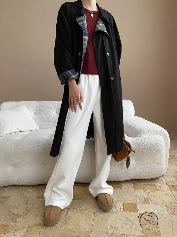 Faux Double Sided Wear Retro Plaid Stitching Coat