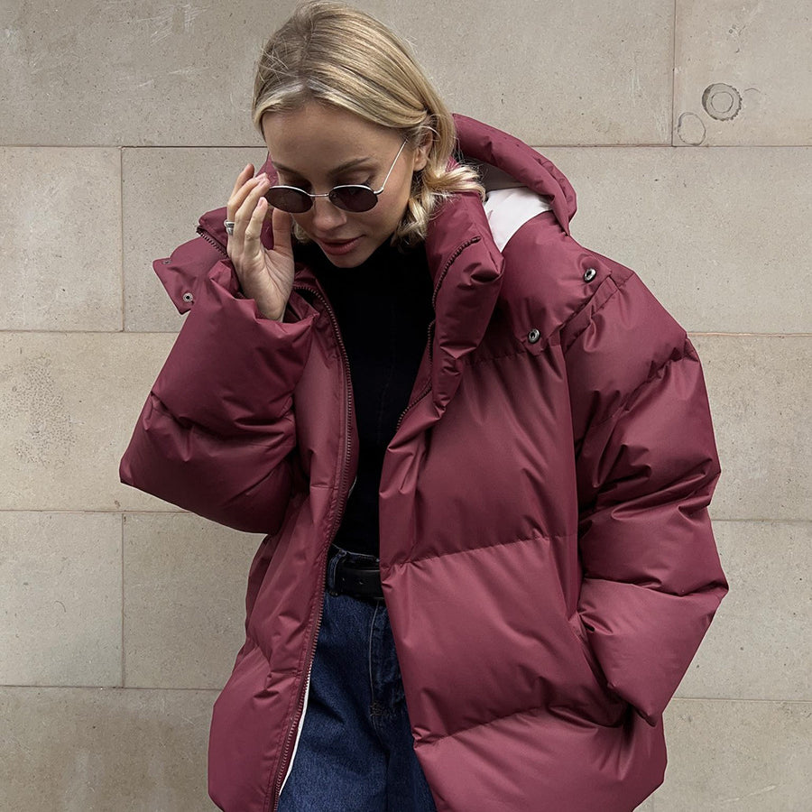 Burgundy puffer jacket from Cotton Coat Jacket, enhancing fashion and ملابس choices