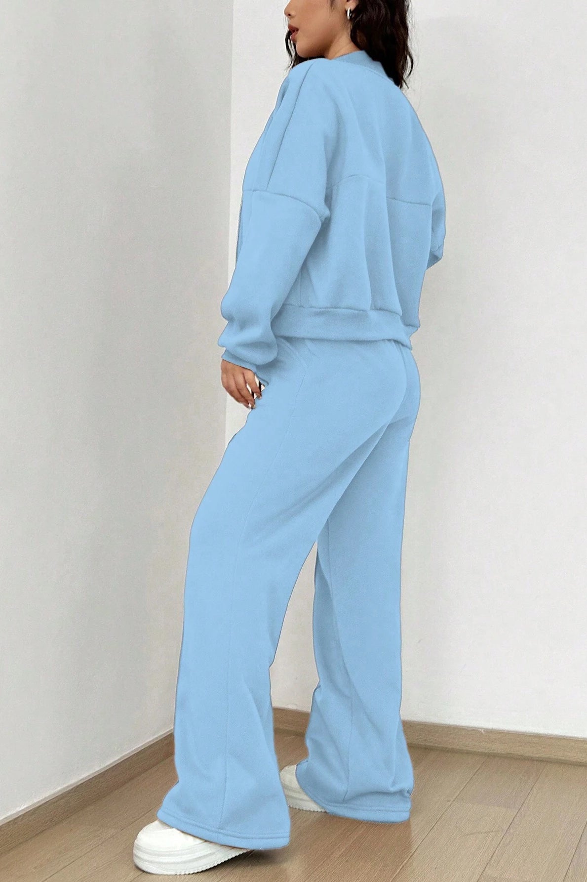Light blue sweat suit from Trendy Cardigan Two Piece Set, perfect for casual fashion ملابس