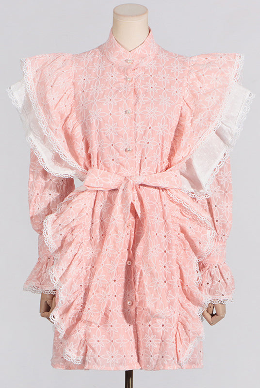 Pink eyelet dress with white lace trim and stand collar for fashionable summer wear