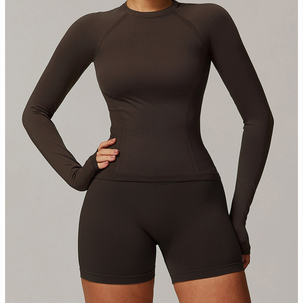 Dark brown athletic long sleeve top and shorts set for sport and fashion