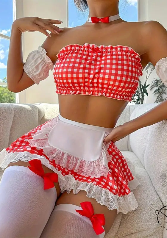 Red and white gingham lingerie suit passion uniform maid outfit