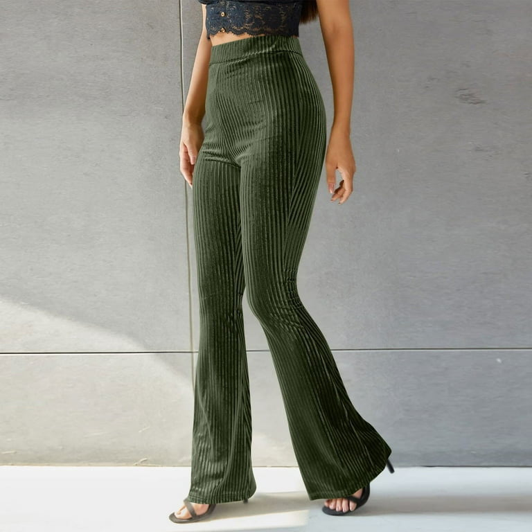 Olive green velvet high waist pleuche sunken stripe pants for stylish women