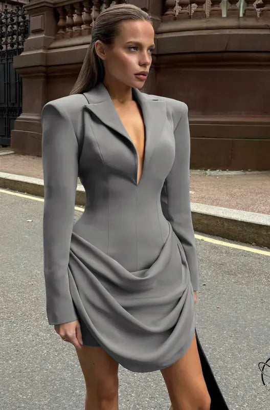 Slim deep v plunge neck gray blazer dress with ruched detailing