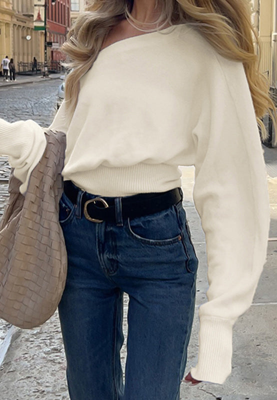 Langry fashion ملابس: white off-shoulder sweater with balloon sleeves