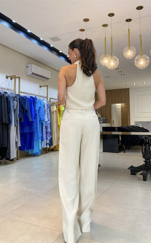 Elegant office jumpsuit set featuring a white halter top and wide-leg pants for langry fashion