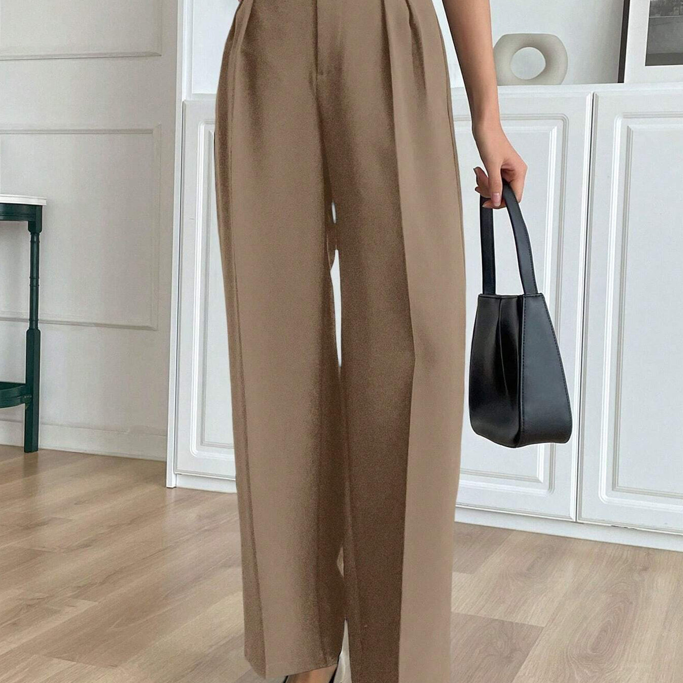 Casual langry fashion beige high-waist wide-leg trousers with button detail