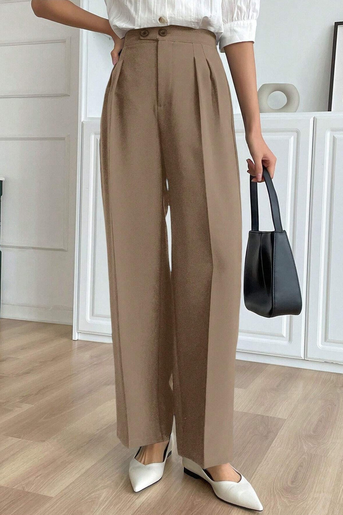 Casual langry fashion beige high-waist wide-leg trousers with button detail