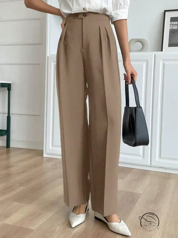 Langry fashion beige wide-leg high-waist trousers with button detail