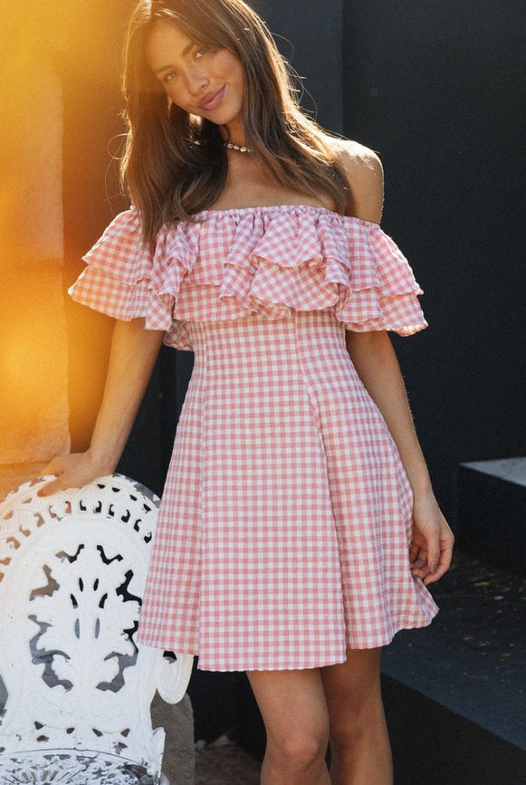 Elegant Plaid Off-shoulder Ruffled Collar Dress