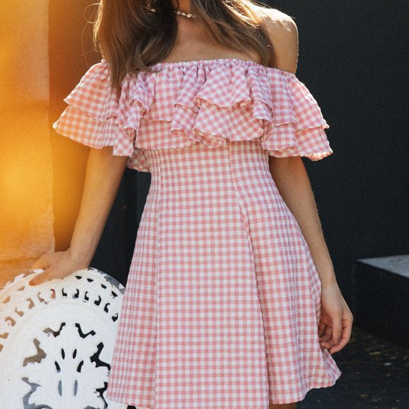 Elegant Plaid Off-shoulder Ruffled Collar Dress