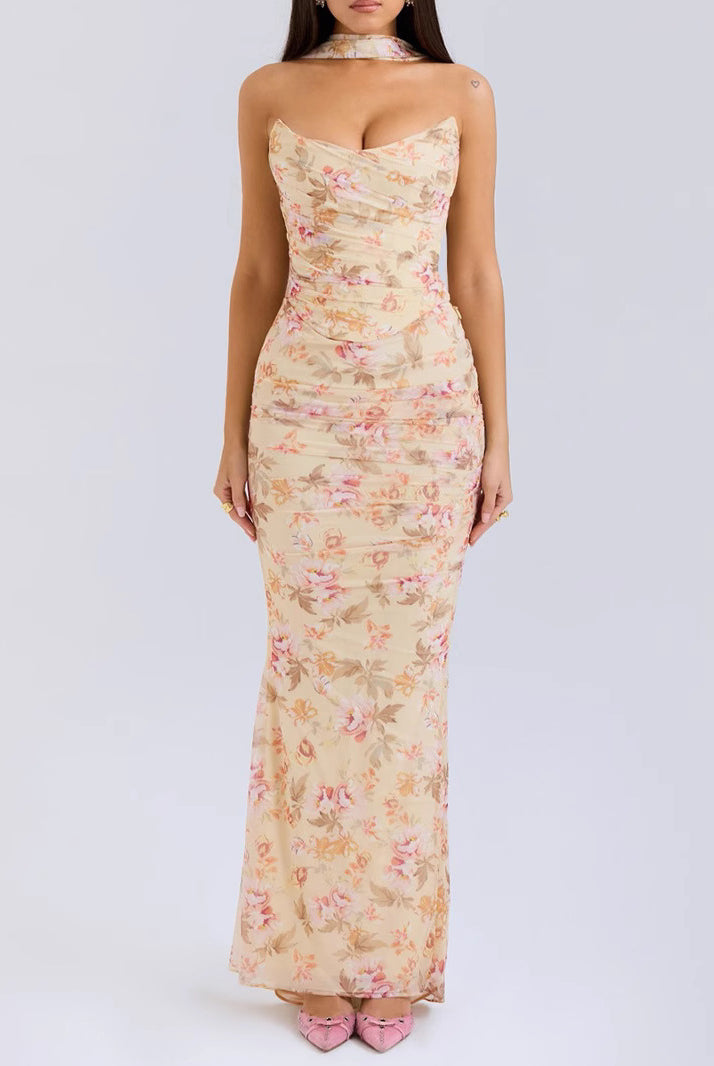 Luxury floral-patterned fashion maxi dress featured in the High Grade Skinny Sheath Skirt Set
