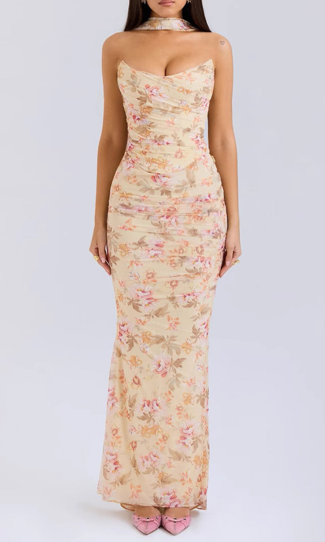 Luxury floral-patterned fashion maxi dress featured in the High Grade Skinny Sheath Skirt Set