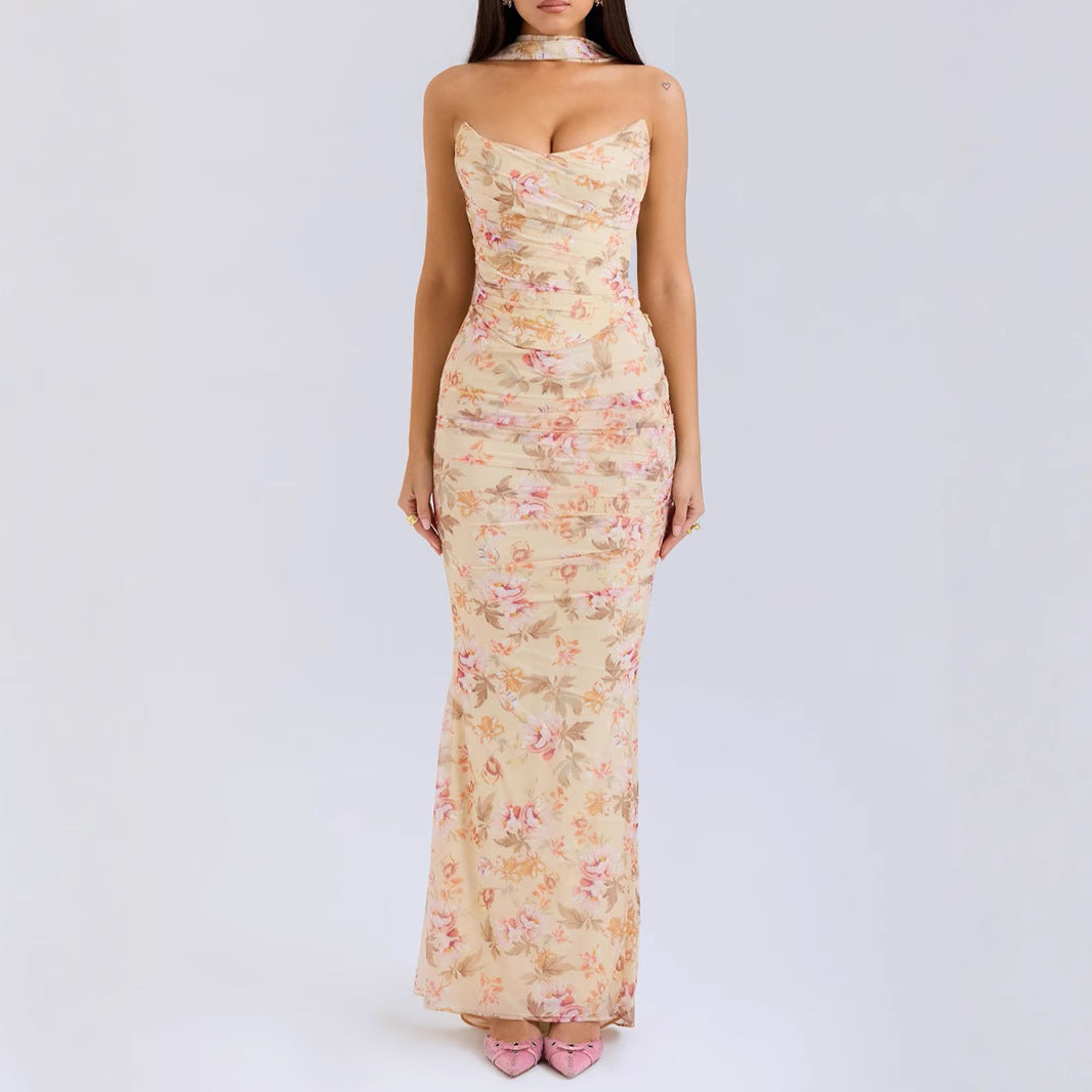 Luxury floral-patterned fashion maxi dress featured in the High Grade Skinny Sheath Skirt Set