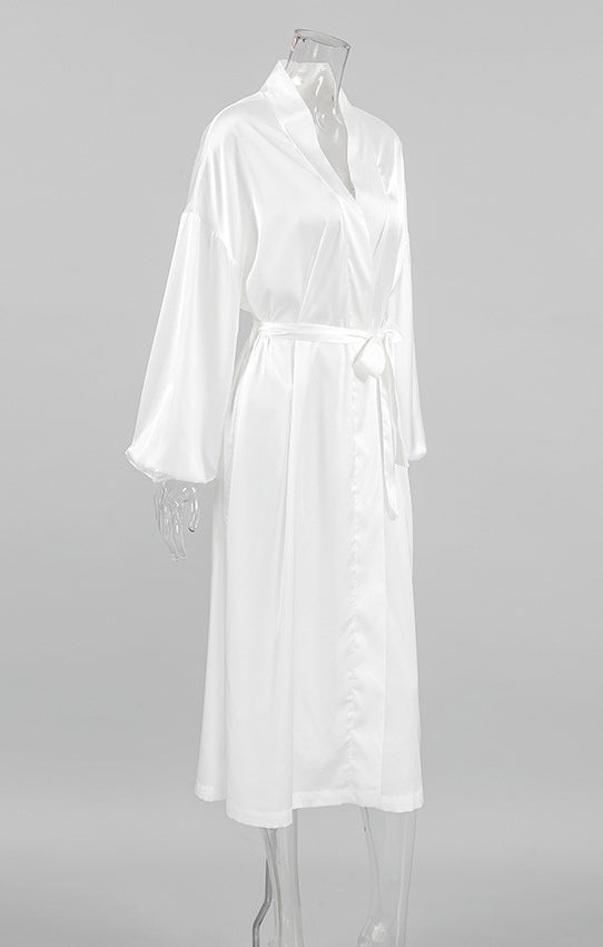 White langry cotton bathrobe with satin tie waist for fashion homewear