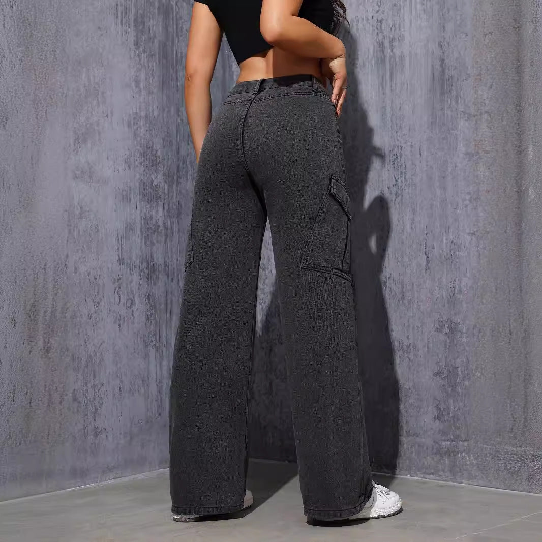 Gray wide-leg cargo pants from Women Straight Jeans Washed Gray Black Trendy for fashion