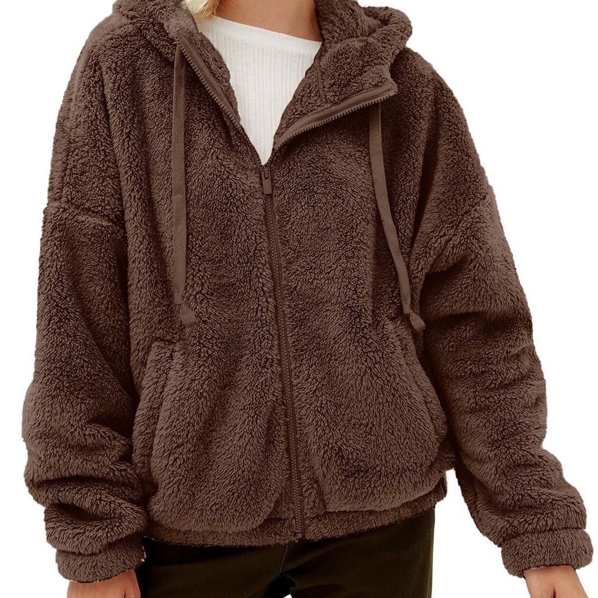 Brown fuzzy hooded jacket as part of the cute fleece sweater collection with long sleeve zipper