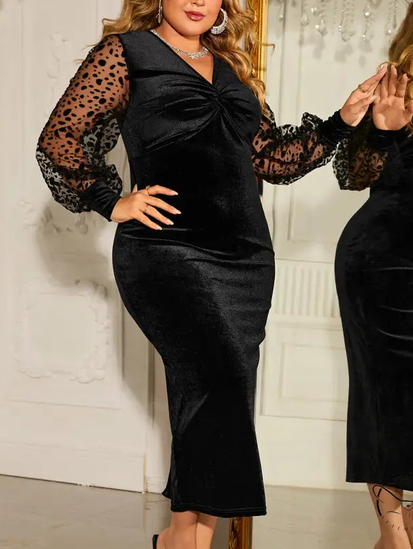 Elegant mesh long sleeve dress in black velvet with sheer polka dot sleeves