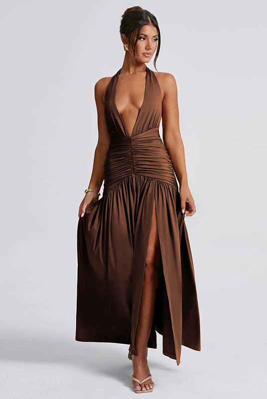 Brown halter maxi dress featuring a thigh-high slit, ideal for elegant fashion occasions