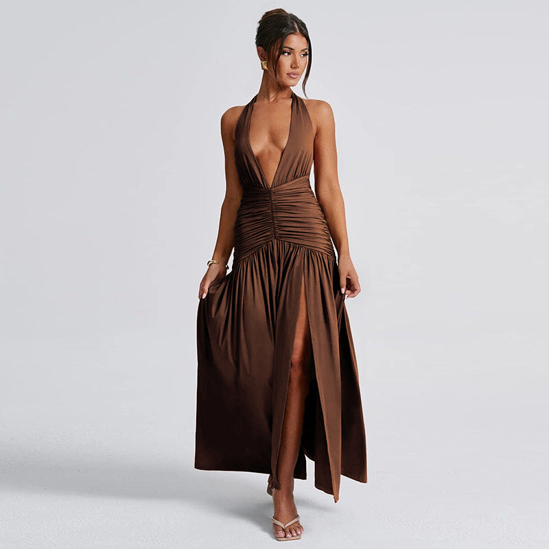 Brown halter maxi dress featuring a thigh-high slit, ideal for elegant fashion occasions