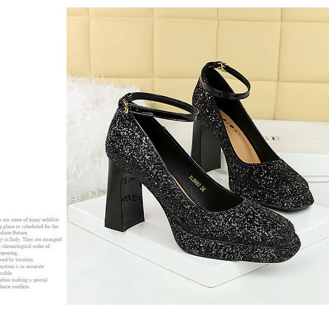 Waterproof Low Cut Square Toe Sequ Ankle Strap Shoes