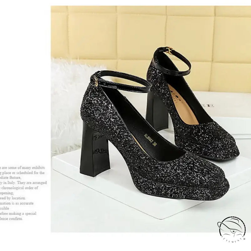 Waterproof Low Cut Square Toe Sequ Ankle Strap Shoes