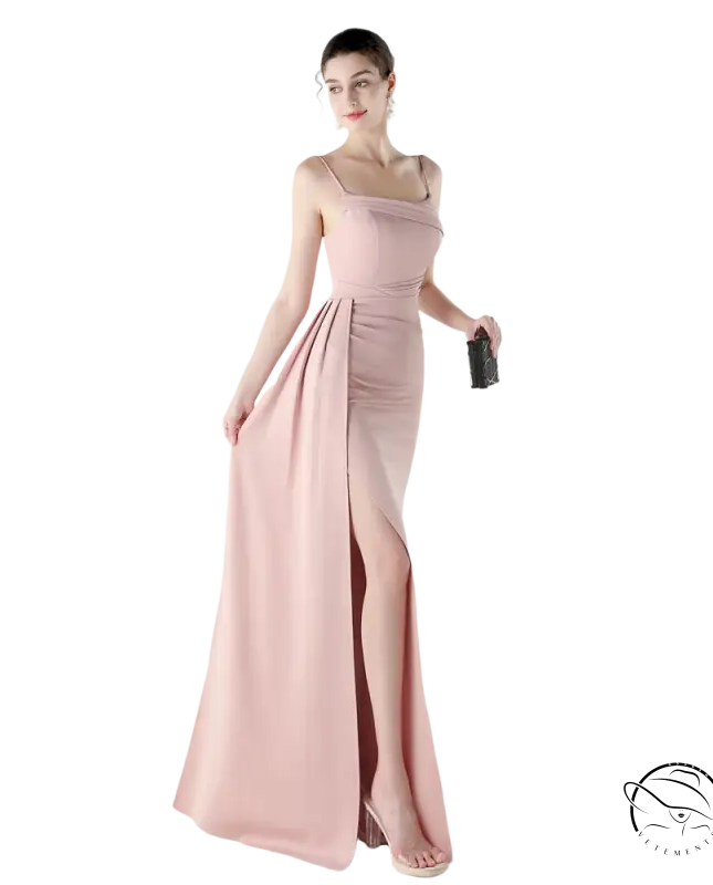 Elegant blush pink langry satin fashion gown with high slit