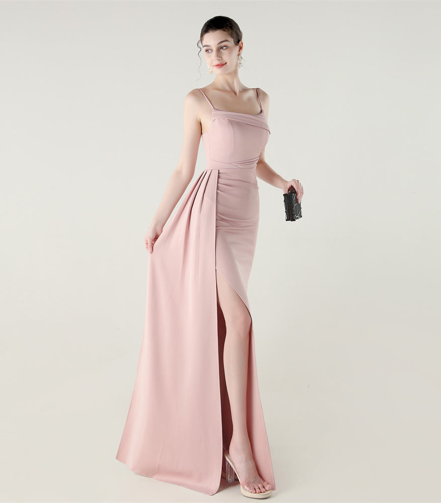 Elegant blush pink satin langry evening dress with high slit
