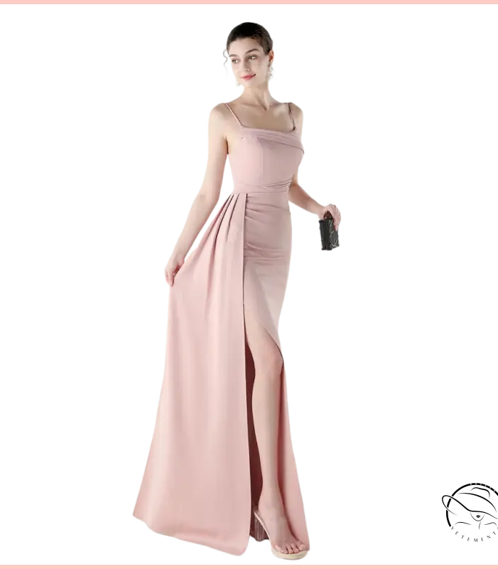 Elegant blush pink satin langry fashion gown with high slit