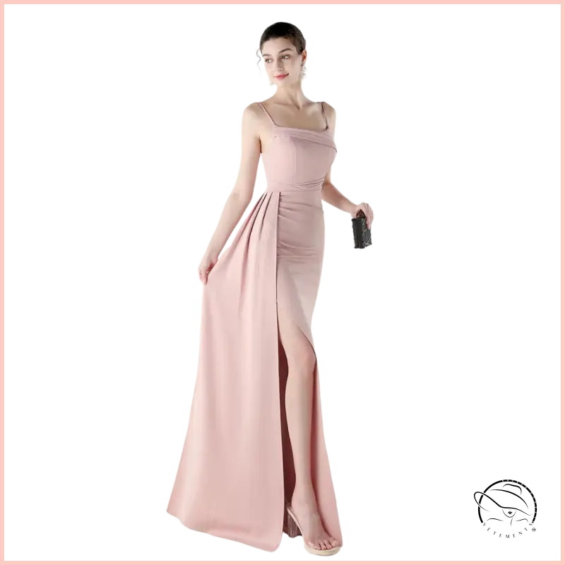 Elegant blush pink satin langry fashion gown with high slit