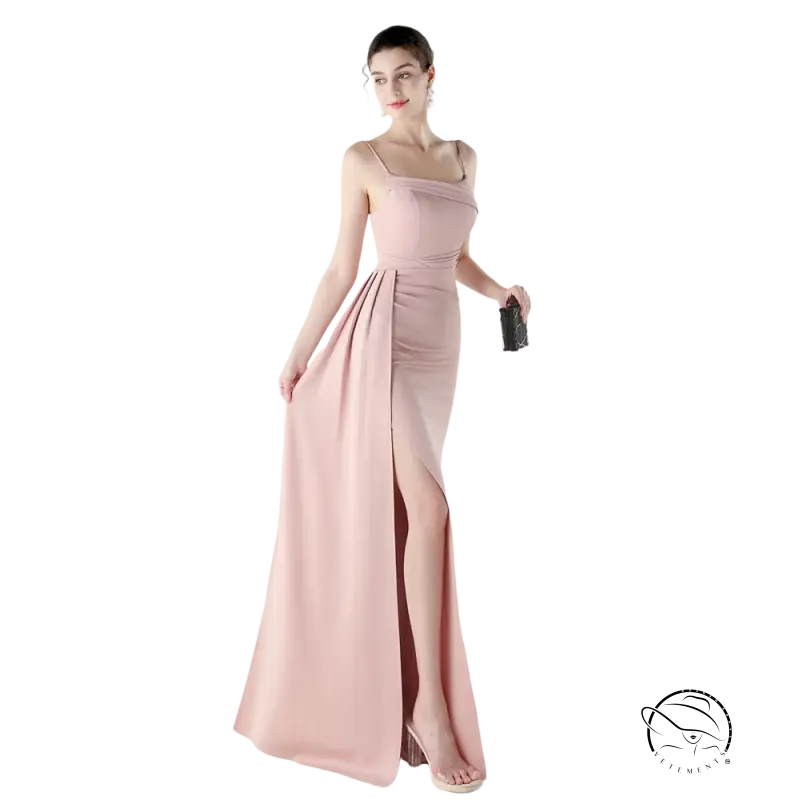 Elegant langry blush pink satin evening dress with high slit