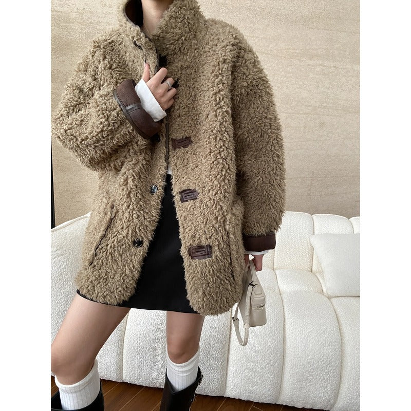 Beige teddy bear textured toggle coat with brown trim in Cozy Wool Stitching Faux Leather Jacket