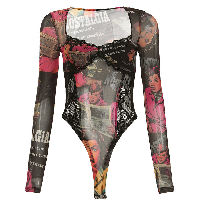 Long-sleeved mesh bodysuit with vintage print and lace trim for fashion and ملابس enthusiasts