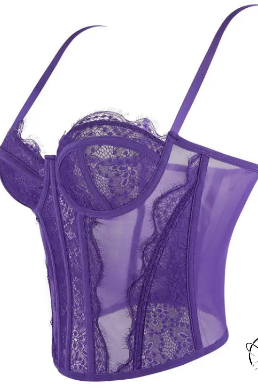 Purple lace lingerie set in camisole outerwear top bra with sheer mesh and floral patterns