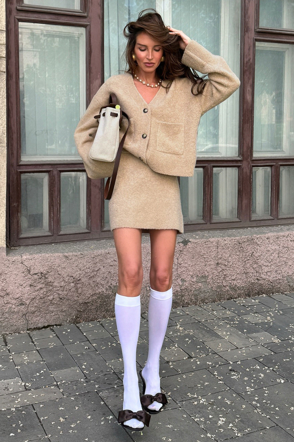 Beige oversized Langry fashion cardigan with pockets, white knee-high socks outfit