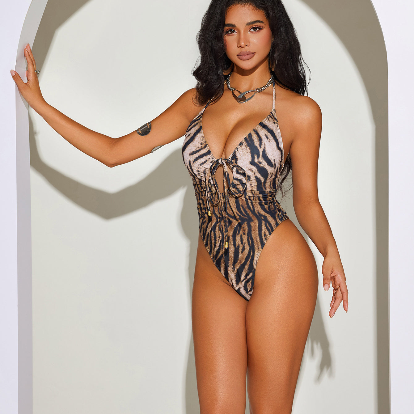 Elegant Hot Leopard Print One Piece Swimsuit featuring plunging neckline and halter straps